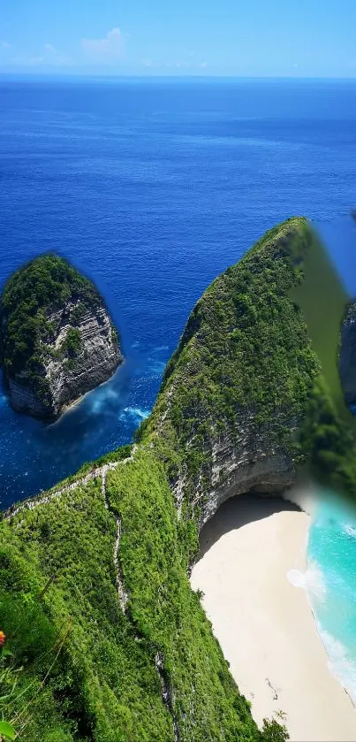 Tropical beach with cliffs and blue ocean for mobile wallpaper.