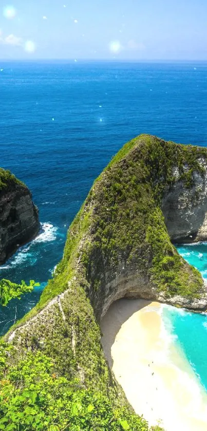 Breathtaking tropical cliffs with turquoise ocean waves and sandy beach.