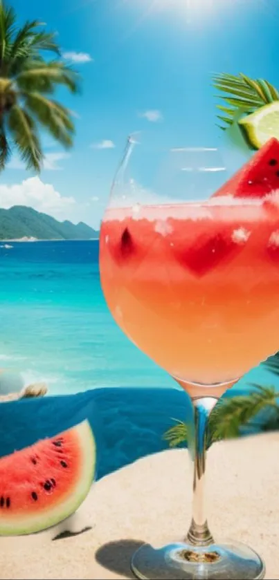 Tropical beach with cocktail and watermelon slice.