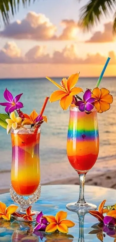 Tropical cocktails with sunset view on a beach table.