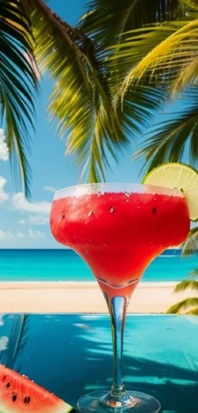 Tropical beach scene with cocktail and palm trees.