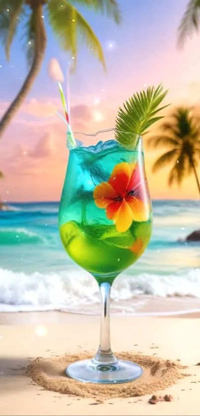 Tropical beach scene with cocktail and palm trees at sunset.
