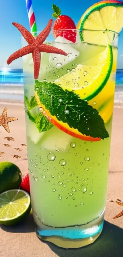 Tropical cocktail with lime and strawberry on a sunny beach.