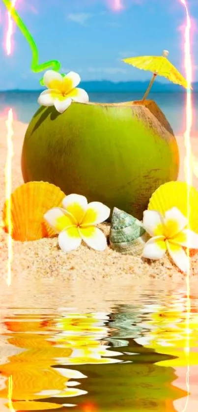 Tropical coconut with flowers on beach with ocean backdrop.