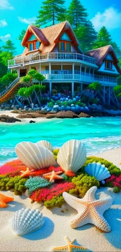 Tropical beach house with seashells and coral.