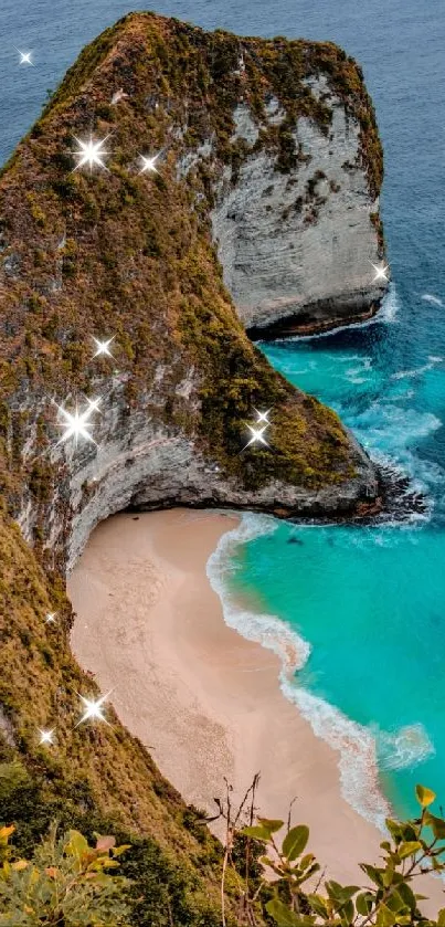 Tropical cove with blue sea and sandy beach surrounded by cliffs.