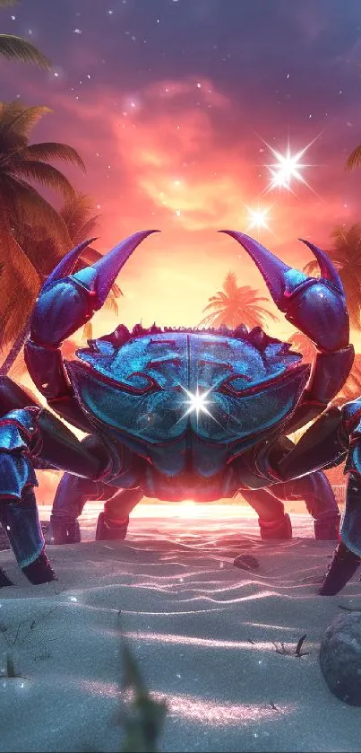Vibrant crab on tropical beach at sunset with palm trees.
