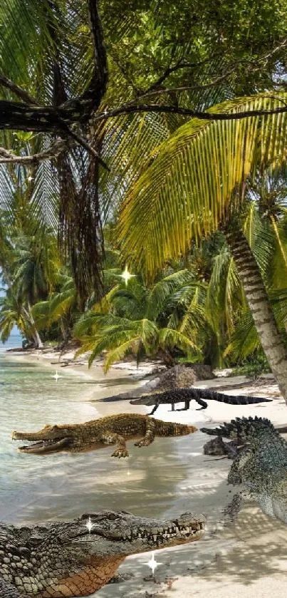 Tropical beach scene with crocodile on shoreline under lush green canopy.