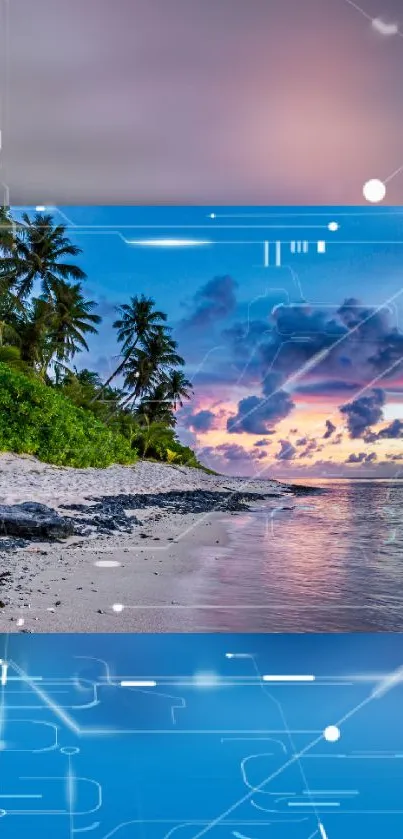 Tropical beach with cyber elements overlay at sunset.