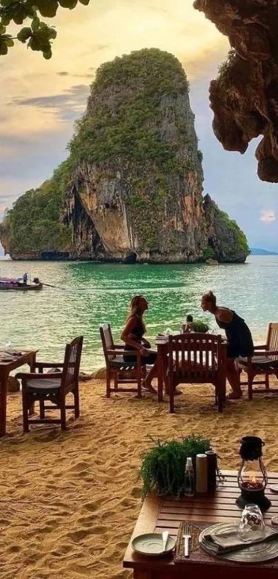 Tropical beach dining setup with ocean view.