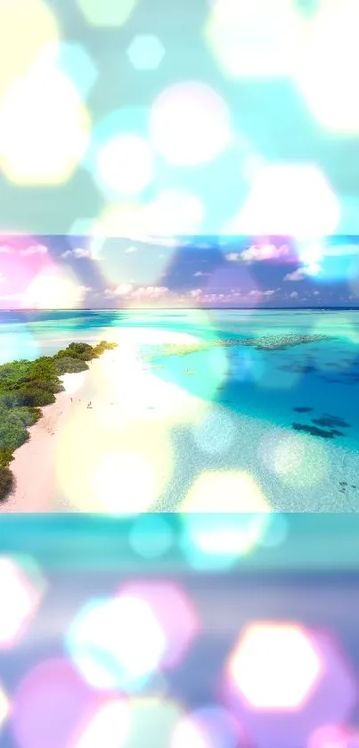 Vibrant tropical beach with bokeh lights and clear blue waters in the background.