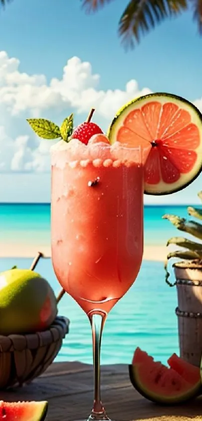 Tropical drink with fruits by the ocean.