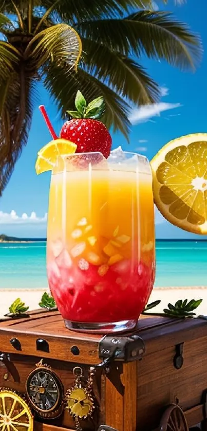 Refreshing tropical drink on a sunny beach with palm trees and ocean.