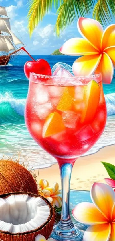 Vibrant tropical beach scene with cocktail and flowers