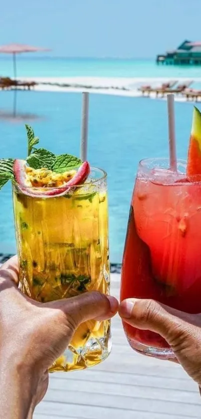 Vibrant tropical drinks by a beach view.