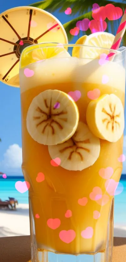 Tropical drink with bananas by the beach.