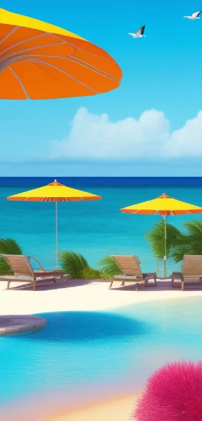 Vibrant tropical beach scene with umbrellas and ocean waves.