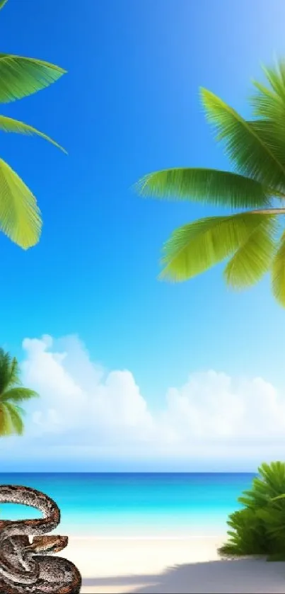 Lush tropical beach with palm trees against a clear blue sky.