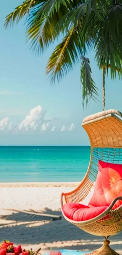 Tropical beach with hammock, ocean view, and palm trees.