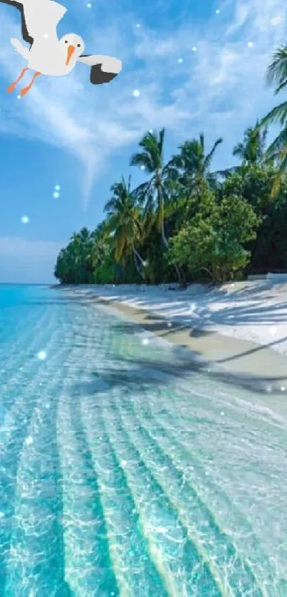 Tropical beach with seagull, palms, and clear waters.