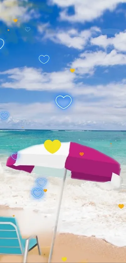 Tropical beach scene with umbrella, ocean, and hearts on a sunny day.