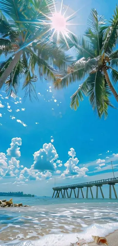 Tropical beach with palms and bridge under a sunny blue sky.