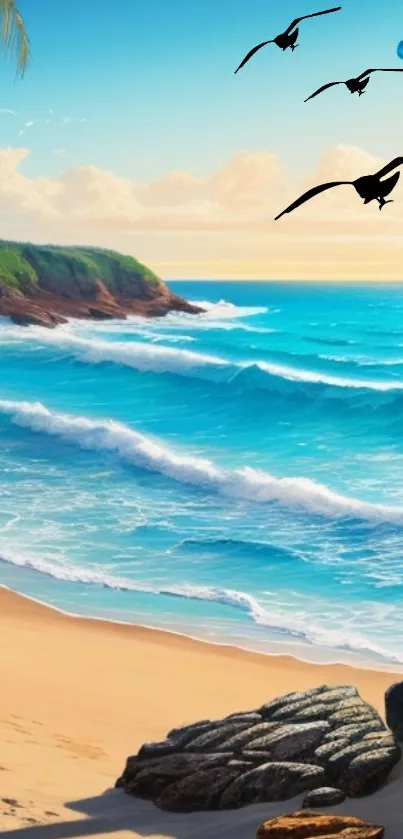 Serene tropical beach with waves and birds in flight.
