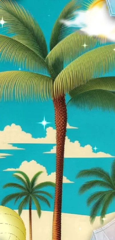 Mobile wallpaper with tropical beach, palm trees, volleyball, and blue sky.