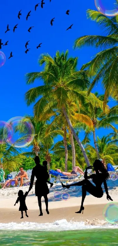 Vibrant tropical beach with family silhouette, palm trees, and bright sky.