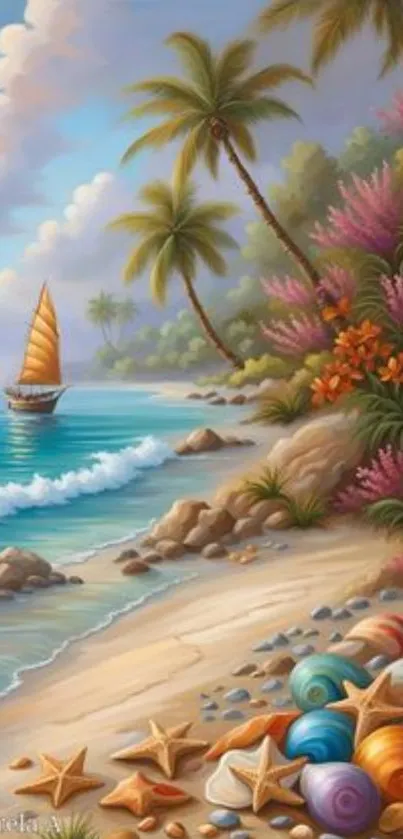 Beautiful tropical beach with palms and colorful shells.