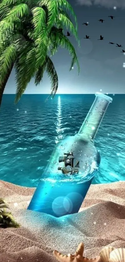 Tropical beach wallpaper with a bottle and palm trees