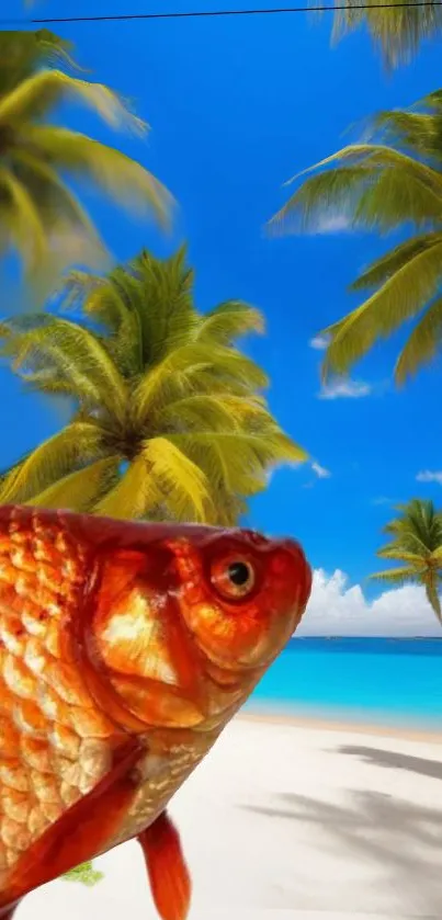 Tropical beach wallpaper with palm trees and a vibrant goldfish.