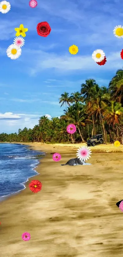 Tropical beach with colorful flowers and palm trees on a sunny day.