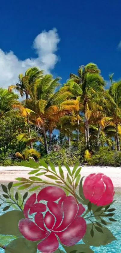 Tropical beach wallpaper with palm trees and red floral design.