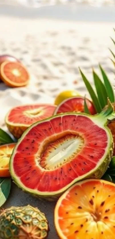 Exotic fruits on a sandy tropical beach.