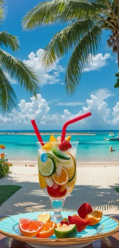 Tropical beach scene with fruit cocktail and ocean.