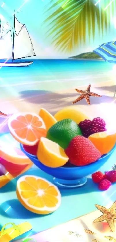 Tropical beach scene with fruit bowl, azure sea, and palm trees.
