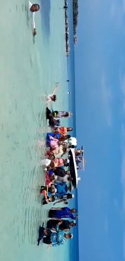 Lively group enjoying a tropical beach in sunshine.