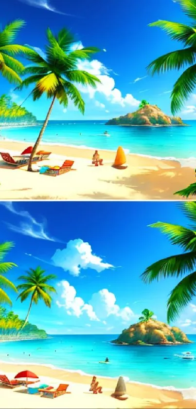 Tropical beach wallpaper with palm trees and clear blue skies.