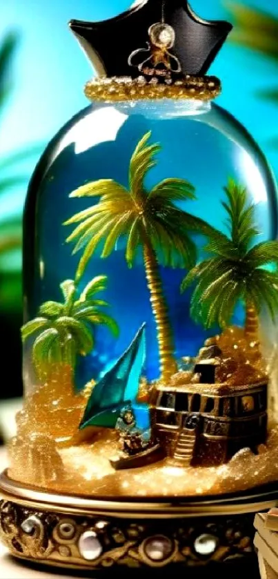 Tropical-themed glass globe with palm trees and ship.