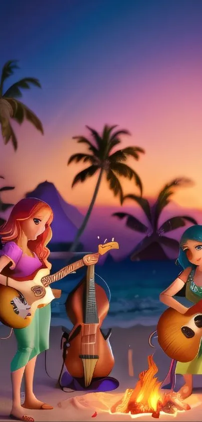 Women play guitars by beach campfire at sunset.