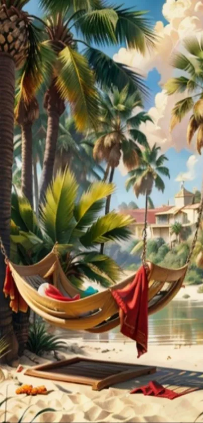 Tropical beach scene with a hammock and palm trees under bright sunshine.