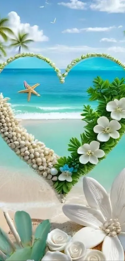 Heart-shaped floral and shell art on a tropical beach.