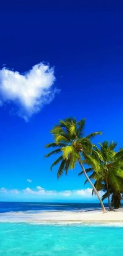 Tropical beach with heart-shaped cloud and palm trees.