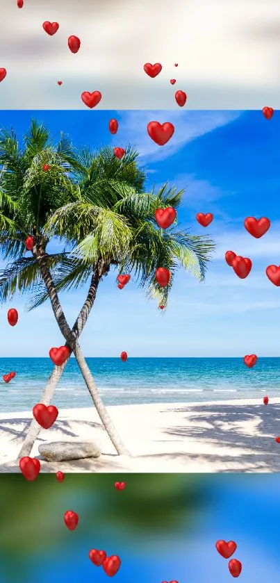 Tropical beach wallpaper with red hearts.