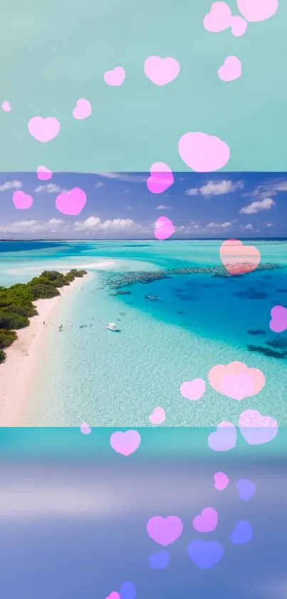 Tropical beach with pink heart overlay on serene ocean background.