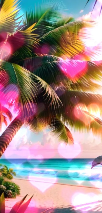 Tropical beach wallpaper with palm trees, pink hearts, and a dolphin.