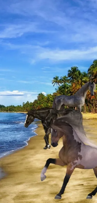 A horse gallops on a tropical beach with palm trees and blue sky.