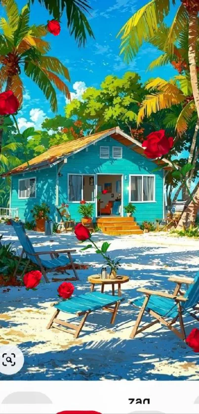 Tropical beach house with palm trees and vibrant colors.