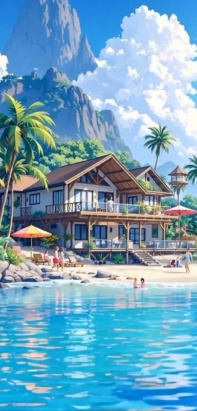 Scenic tropical beach house with palm trees and blue ocean waters.